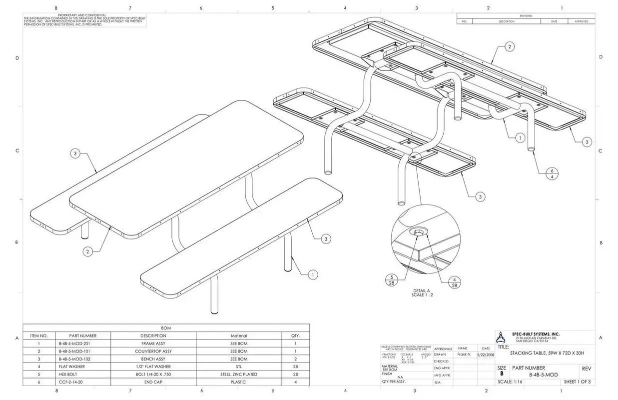 Exploded technical drawing of a long table with benches and hardware parts, black-and-white blueprint style