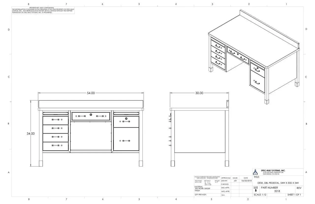 Technical drawing of a desk with front, side, and isometric views, labeled dimensions included