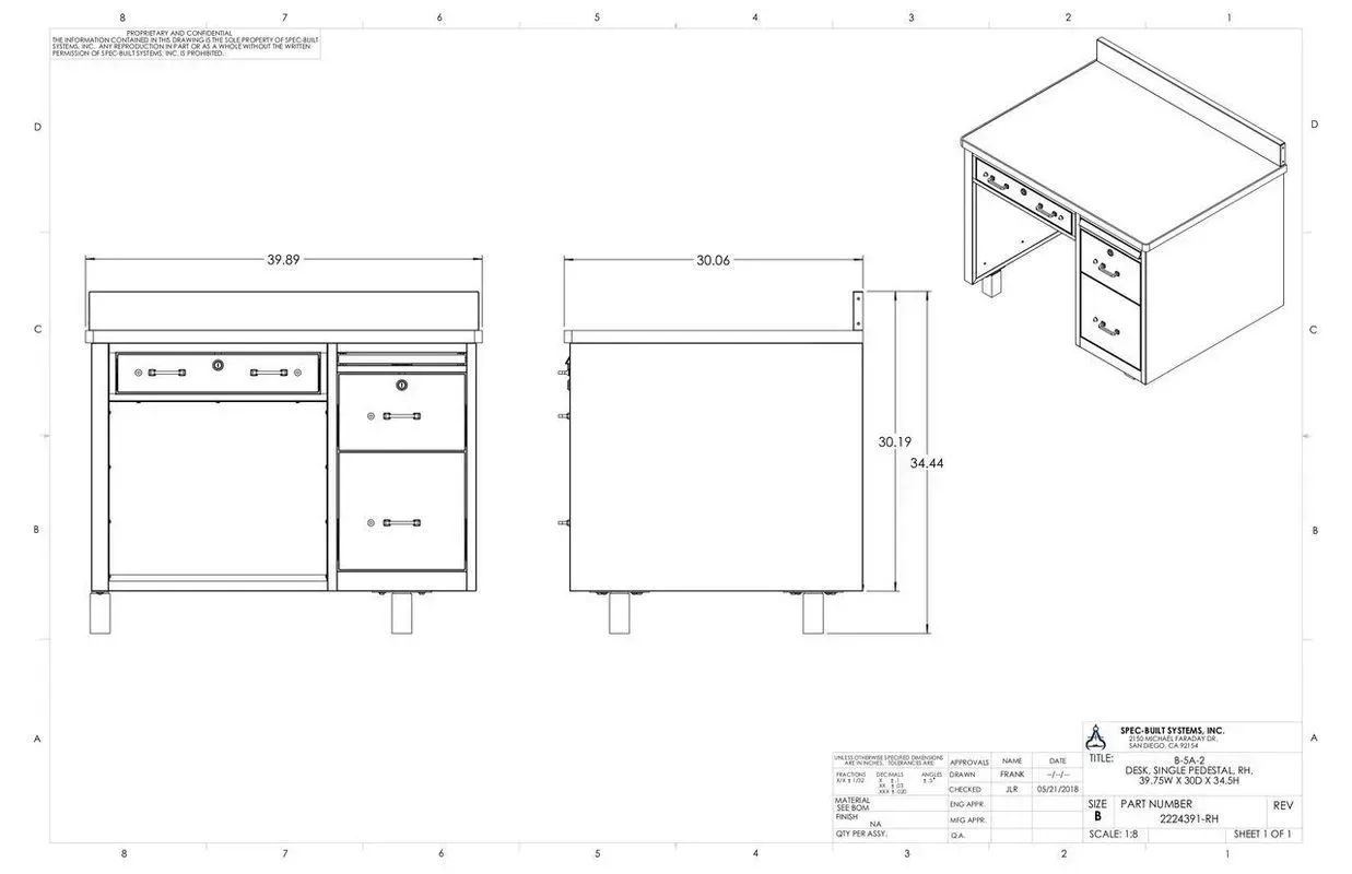 Technical drawing of a desk with front, side, and 3D views, showing dimensions and cabinet details