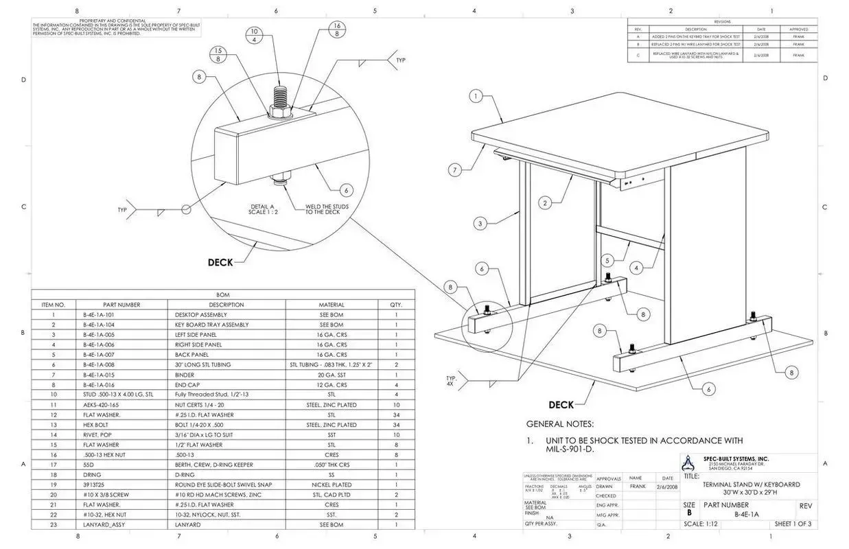 Technical engineering drawing of a small table or cabinet with dimensions, parts list, and assembly details.