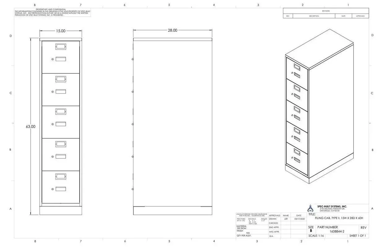 Architectural drawing of a tall cabinet with front, side, and isometric views.
