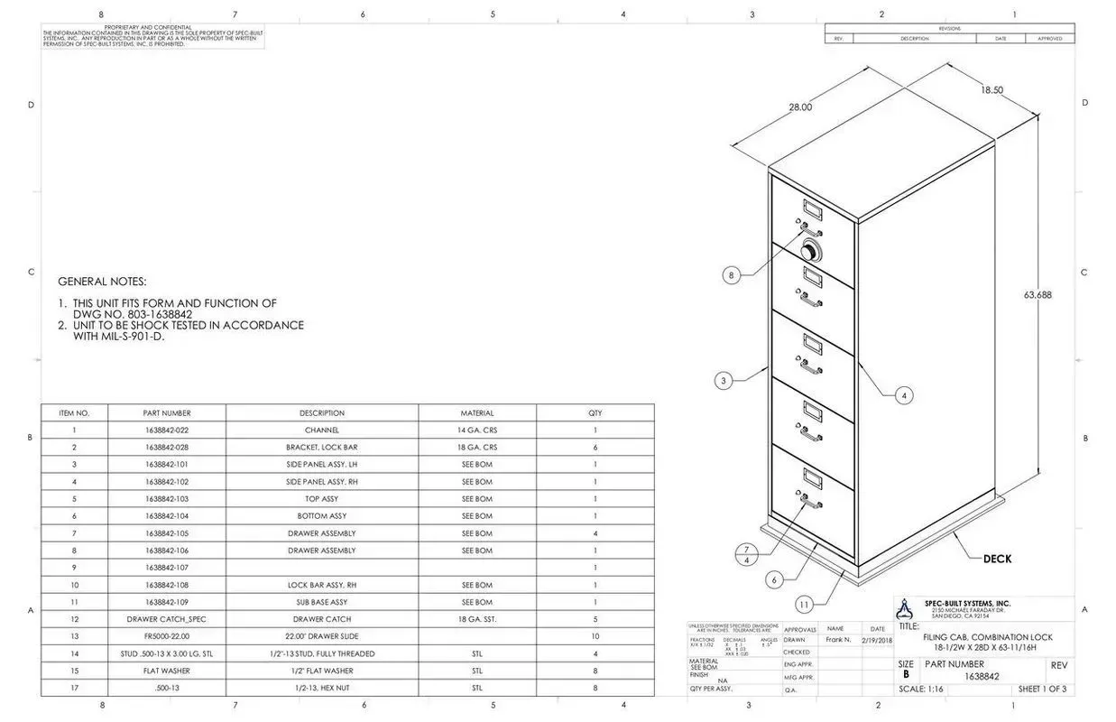 Technical drawing of a tall cabinet with dimension notes and a parts table