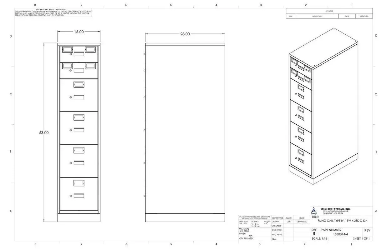 Technical drawing of a narrow filing cabinet with drawer fronts and an isometric view.