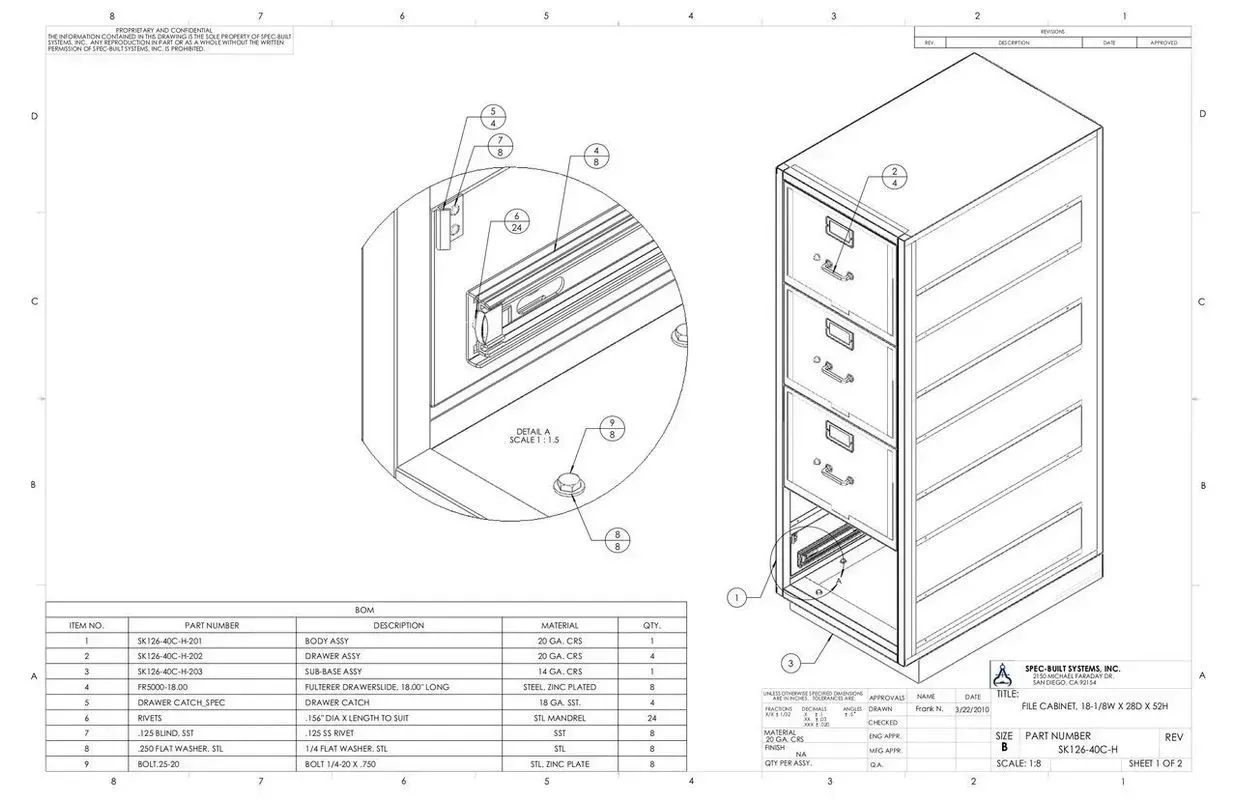 Technical drawing of a tall cabinet with exploded detail inset and parts list table