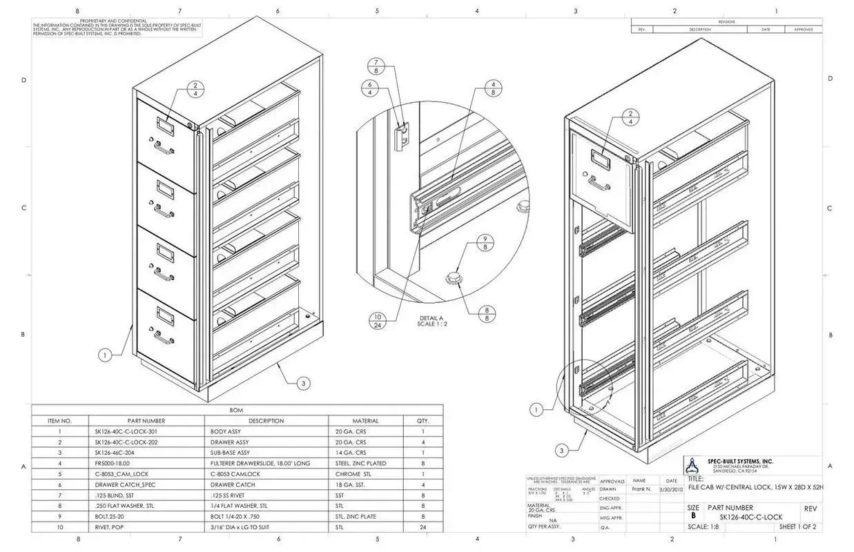 Technical blueprint of a metal shelving cabinet with dimensioned drawings and a parts list.