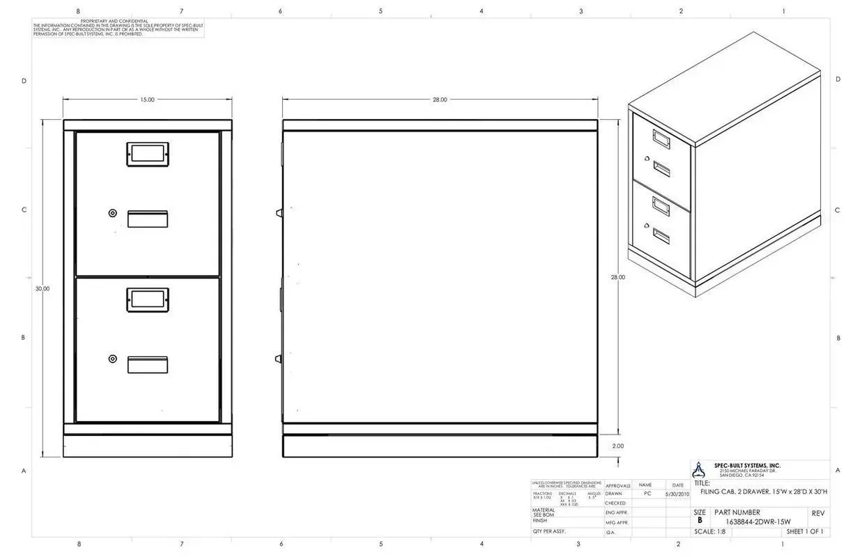 Technical drawing of a metal filing cabinet with front, side, and isometric views.