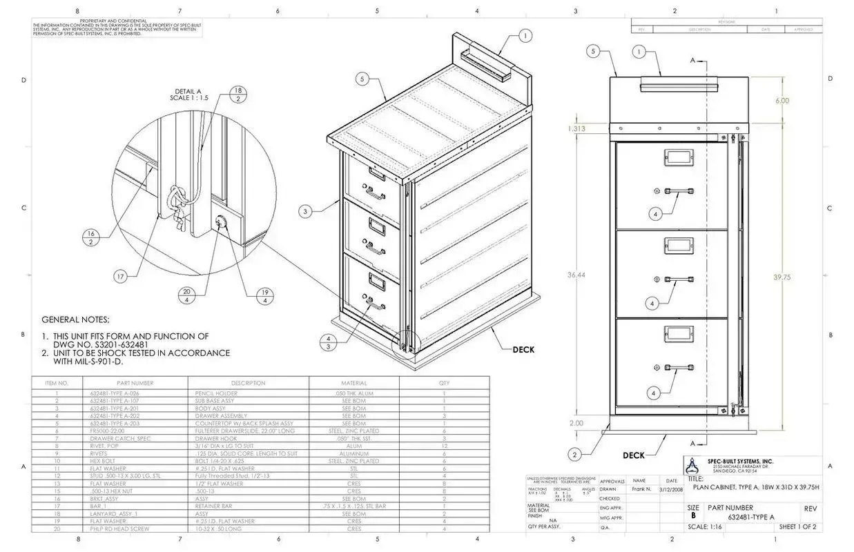 Technical engineering drawing of a lidded container with dimensions, side view, and detail callouts