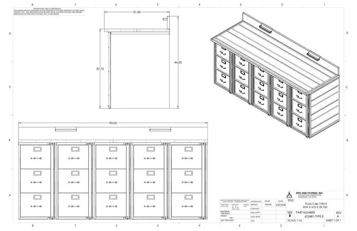 Technical drawing of a modular locker cabinet with front, side, and isometric views.