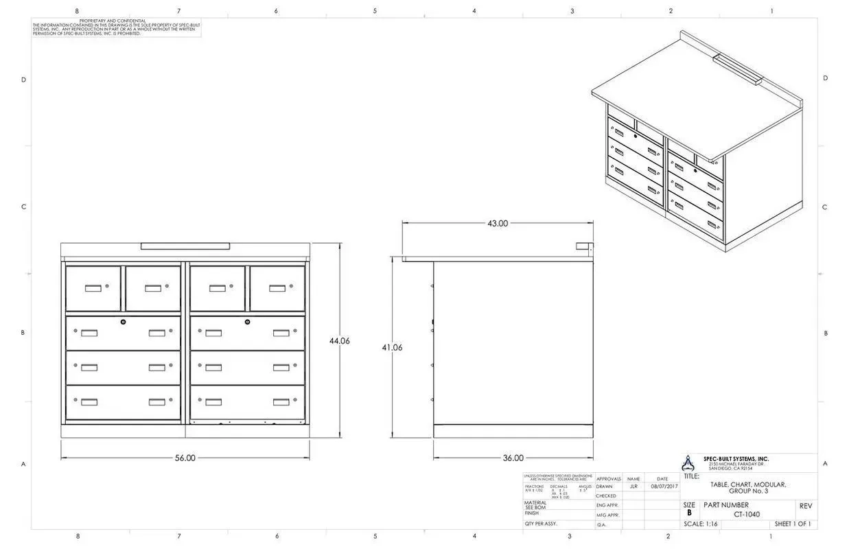 Technical drawing of a cabinet with front, side, and isometric views, dimensions labeled.