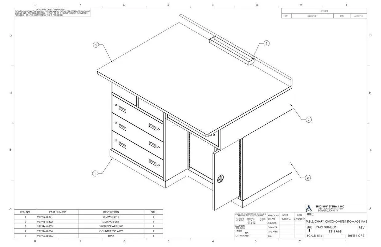 Technical line drawing of a small cabinet with drawers, doors, and a slanted top