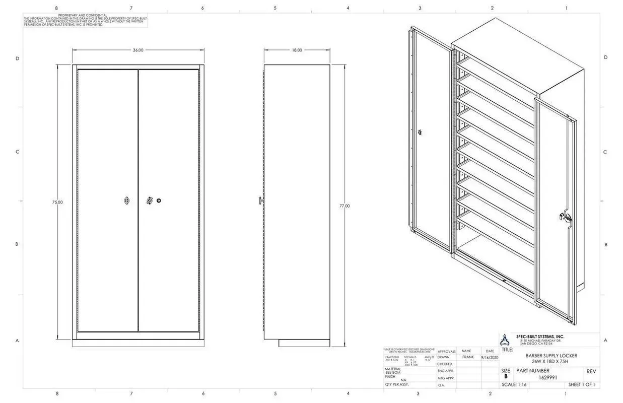 Technical drawing of a louvered closet door shown in front, side, and isometric views