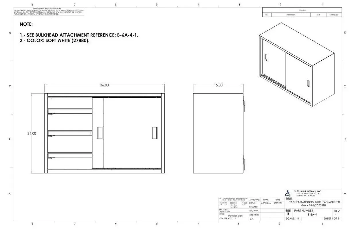 Technical drawing of a two-door cabinet with front, side, and 3D views with dimensions