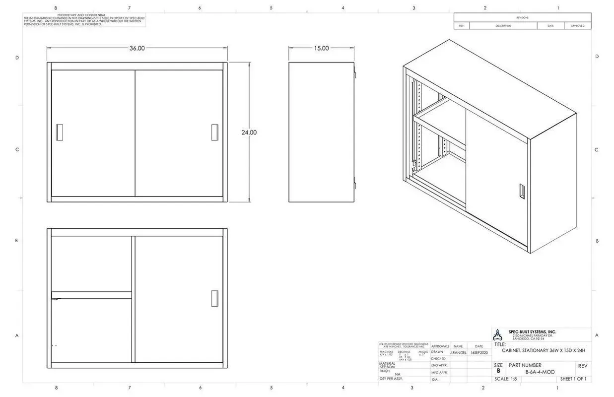Cabinet design blueprint with front, side, top views and an isometric view showing shelves and doors