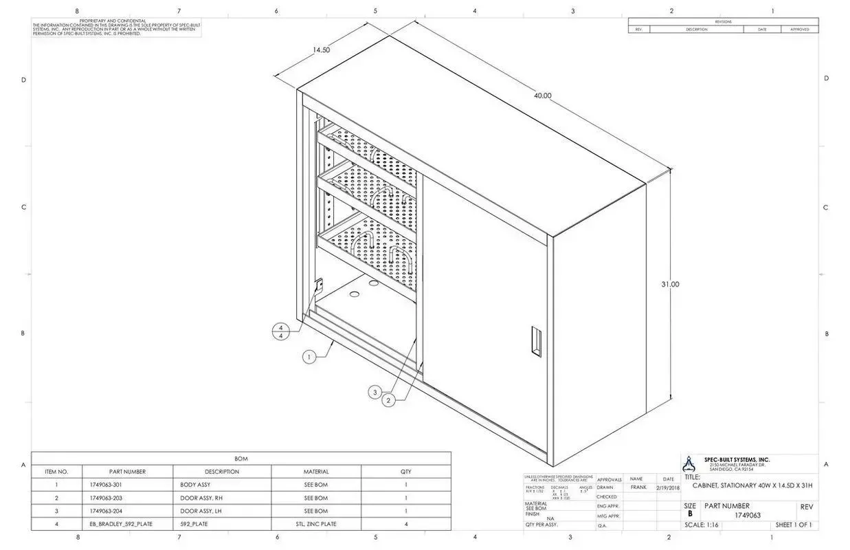 Technical drawing of a cabinet enclosure with open front, shelves, and dimension annotations.