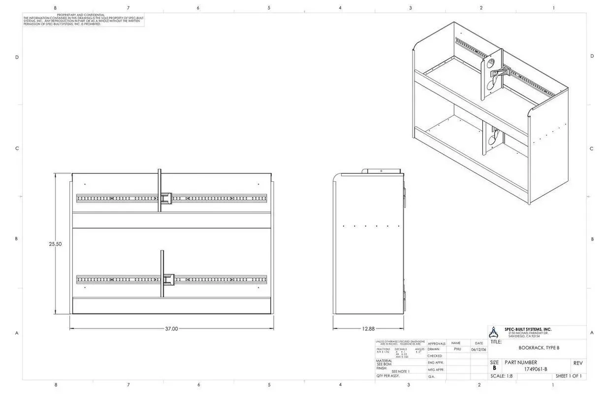 Technical drawing of a perforated metal shelving unit with front, side, and isometric views.