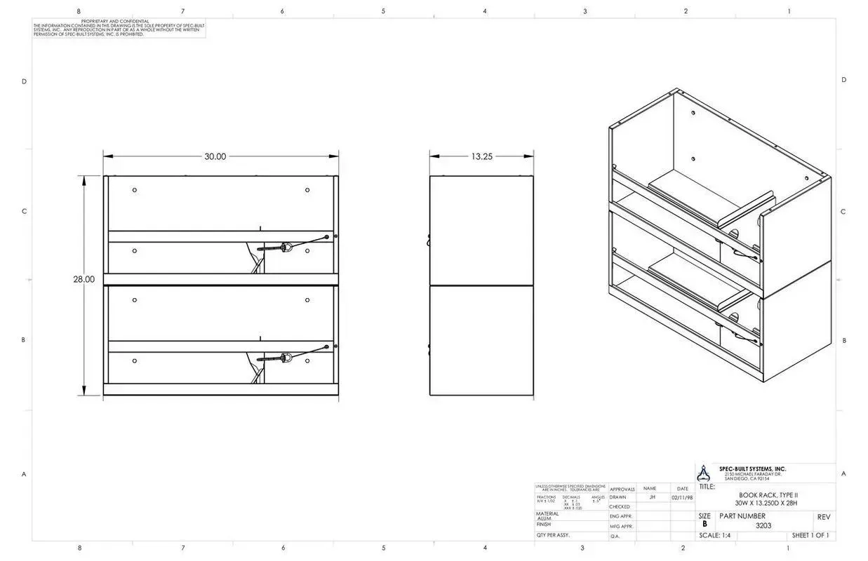 Technical drawing of a three-drawer storage cabinet with front, side, and isometric views.