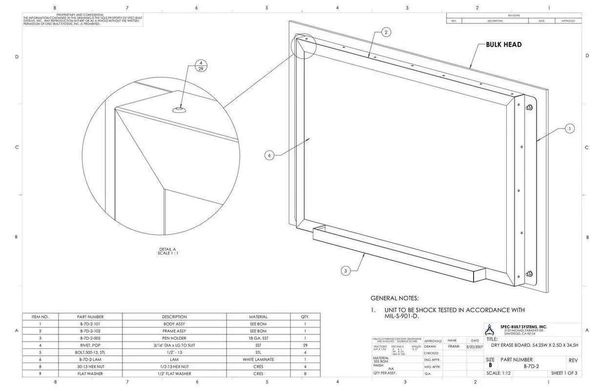 Technical drawing of a framed panel with dimensions, exploded detail, and parts table