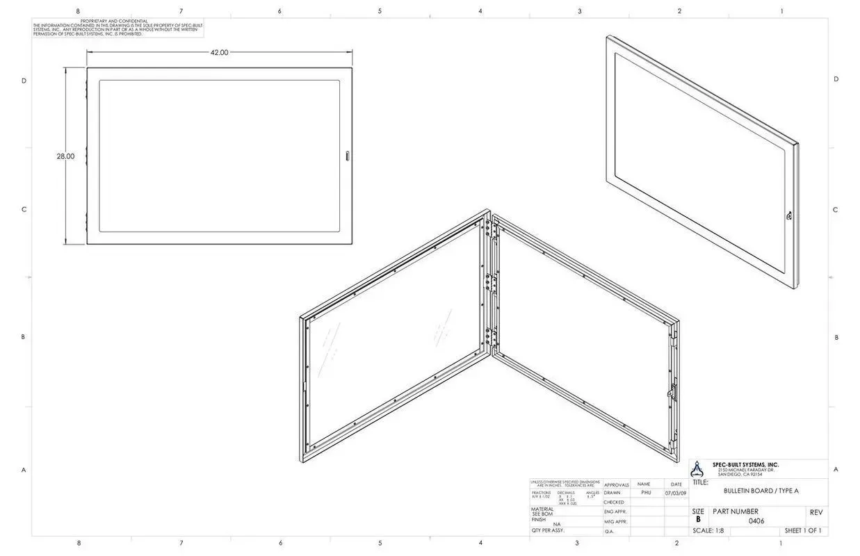 Technical drawing of a rectangular frame shown in top, side, and isometric views with dimensions.