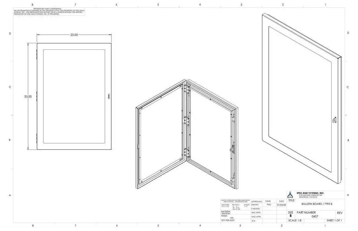 Technical drawing of a hinged folding panel shown in front, open, and isometric views.