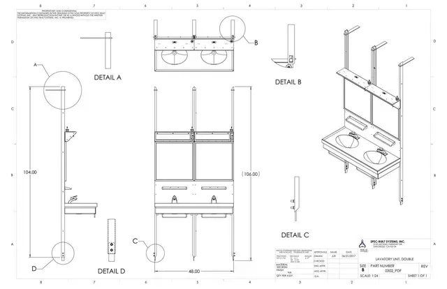 Technical blueprint of a wall-mounted kitchen rack with shelves, hooks, and utensil holders, shown in multiple views.