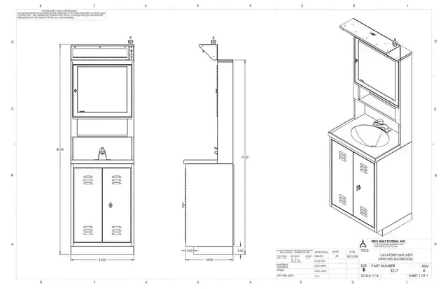 Technical drawing of a wall-mounted bathroom vanity with mirror, sink, and cabinet dimensions, shown in front and side views