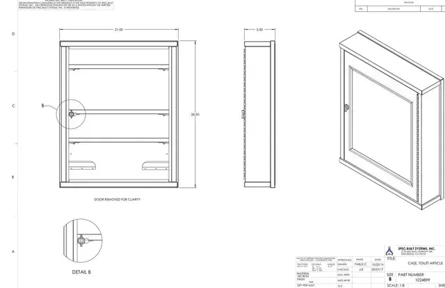 Architectural drawing of a framed window or cabinet, shown in front, side, and perspective views with measurements