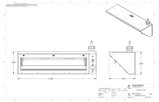 Technical drawing of a rectangular metal enclosure with front, side, and top views and dimensions