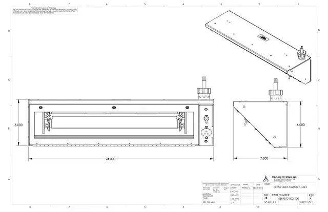 Technical drawing of a rectangular metal bracket with dimensions and multiple views