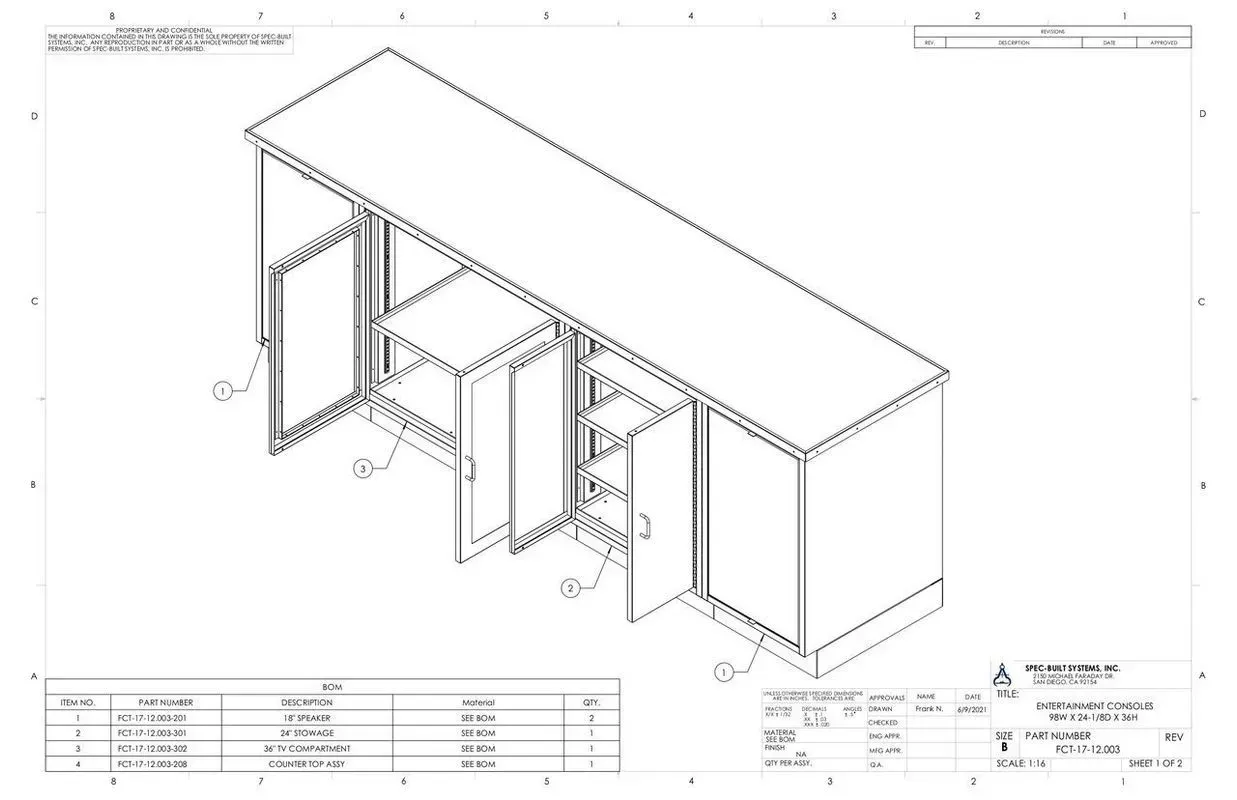 Technical drawing of a cabinet with open doors and shelves, shown in isometric view with dimensions.