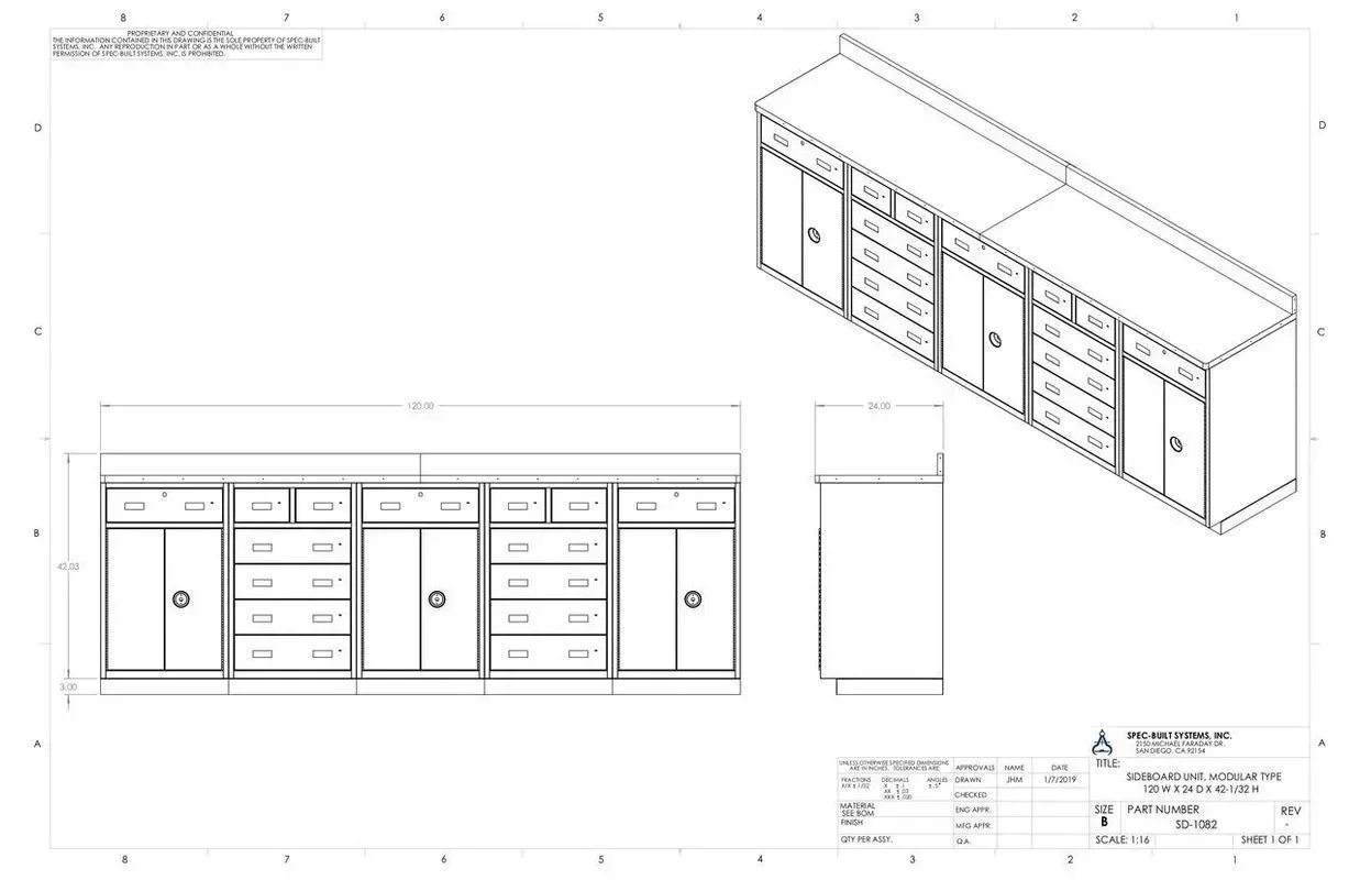 Architectural drawing of a long wall cabinet with drawers, doors, and an isometric view
