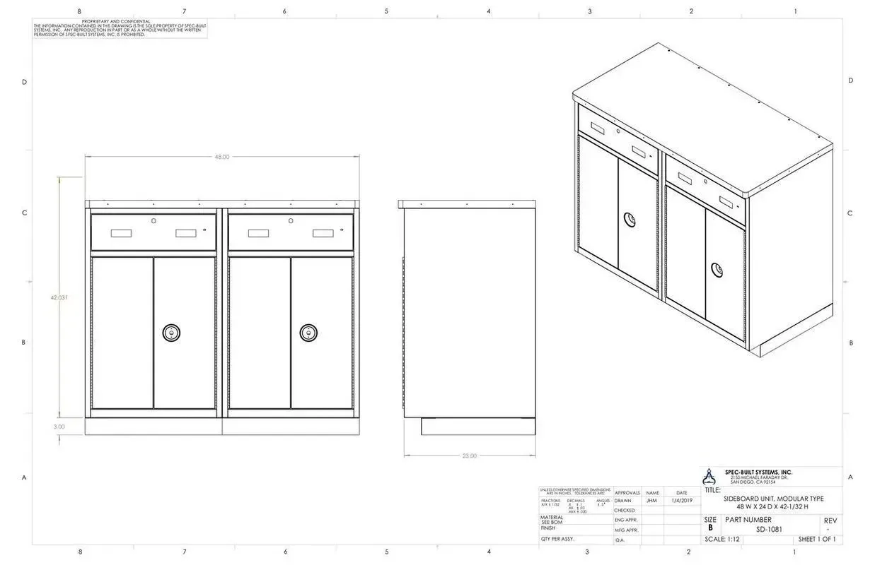 Technical drawing of a two-door cabinet with top drawers, front, side, and isometric views
