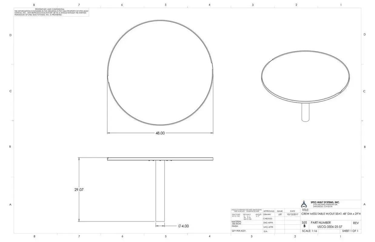 Technical drawing of a round tabletop or lid with side and front views and dimensions