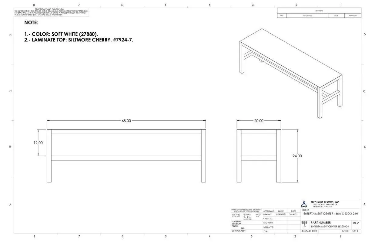 Technical drawing of a long bench with dimensions and isometric view on white background