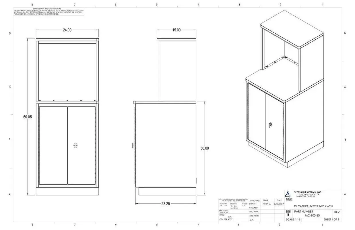 Cabinet design blueprint with front, side, and isometric views of a two-door storage unit