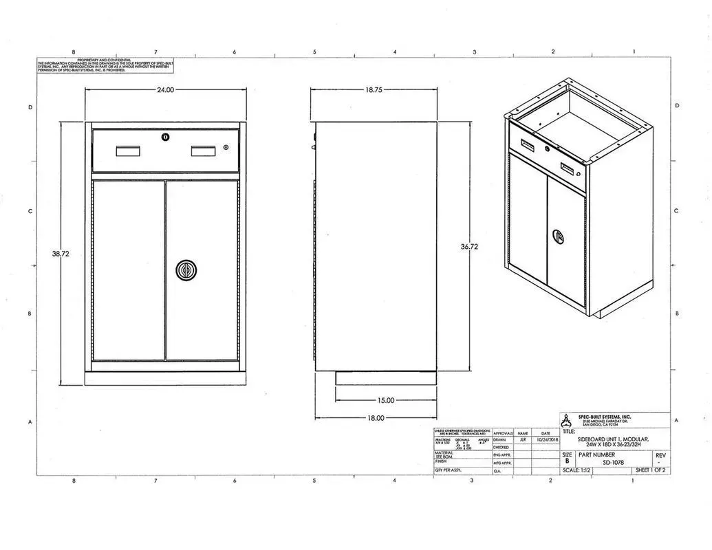 Technical drawing of a small cabinet or enclosure with front, side, and isometric views