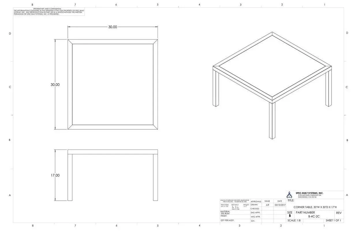 Technical drawing of a square table frame with dimensions and isometric view on a white background