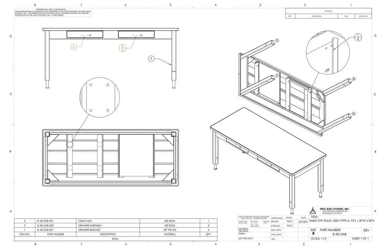 Technical drawing of a table or desk with front, side, top, and 3D views on a blueprint sheet