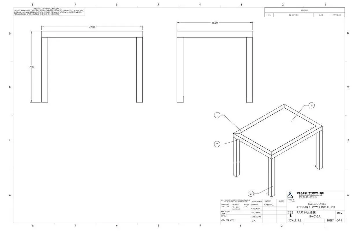 Technical drawing of a table frame with front, side, and perspective views and measurements