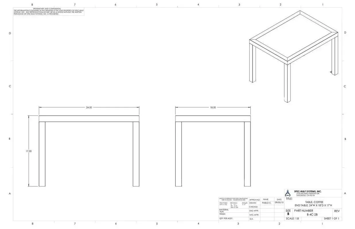 Technical drawing of a rectangular table with dimensions and an isometric view.