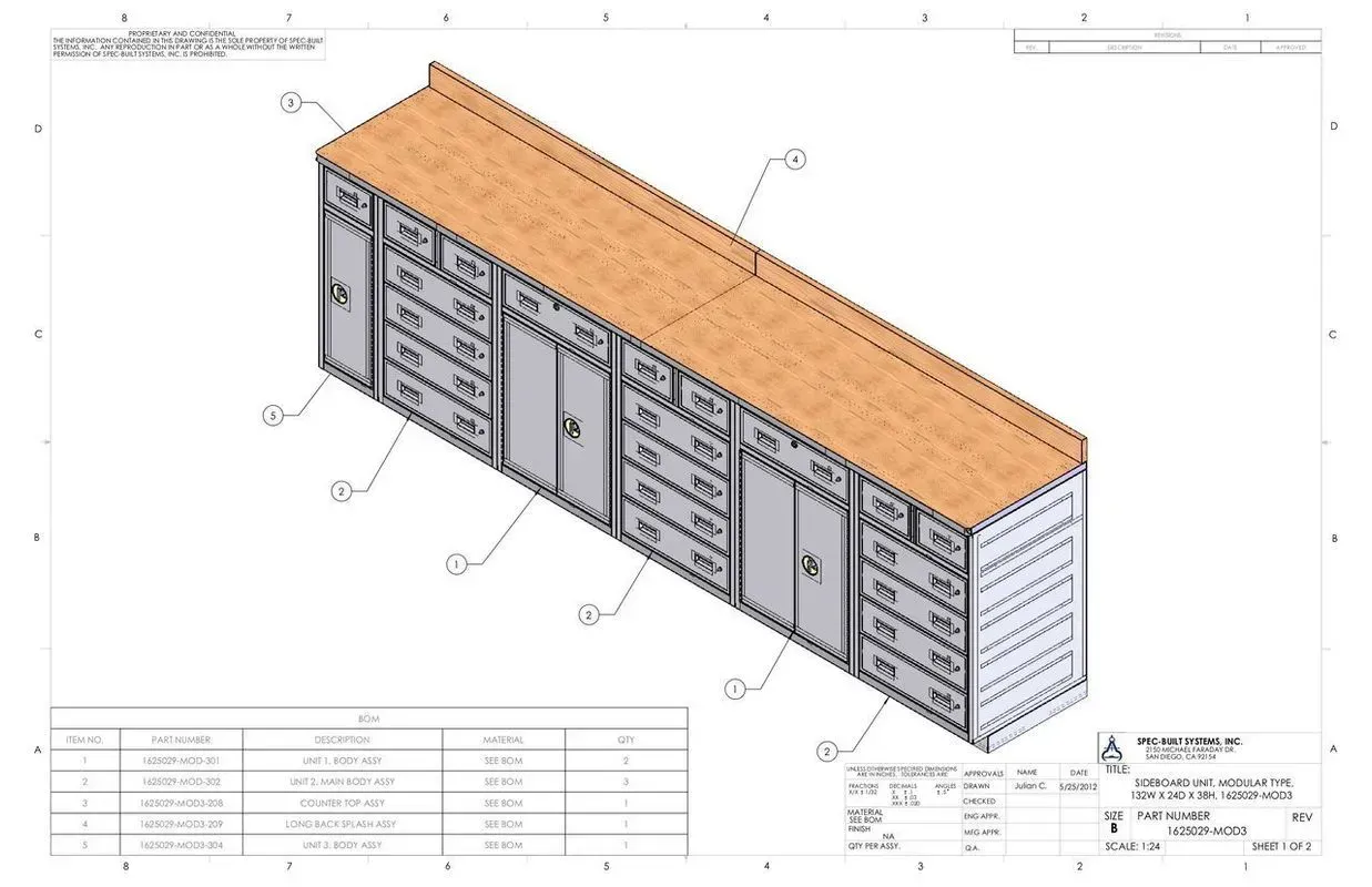 3D CAD drawing of a modular storage cabinet with doors, drawers, and a wood top on a white background