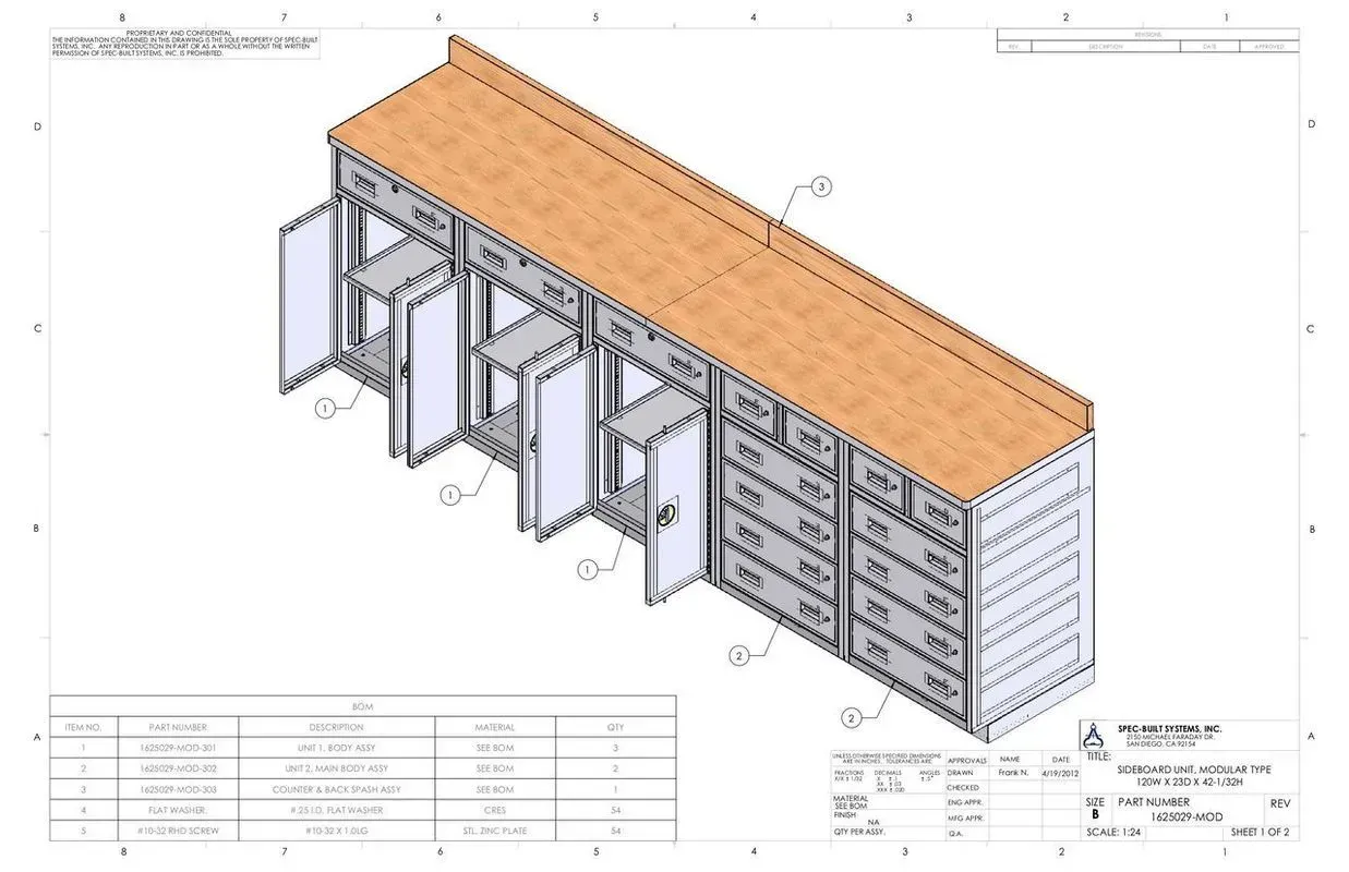 3D technical drawing of a multi-bay metal storage rack with orange roof and open front doors