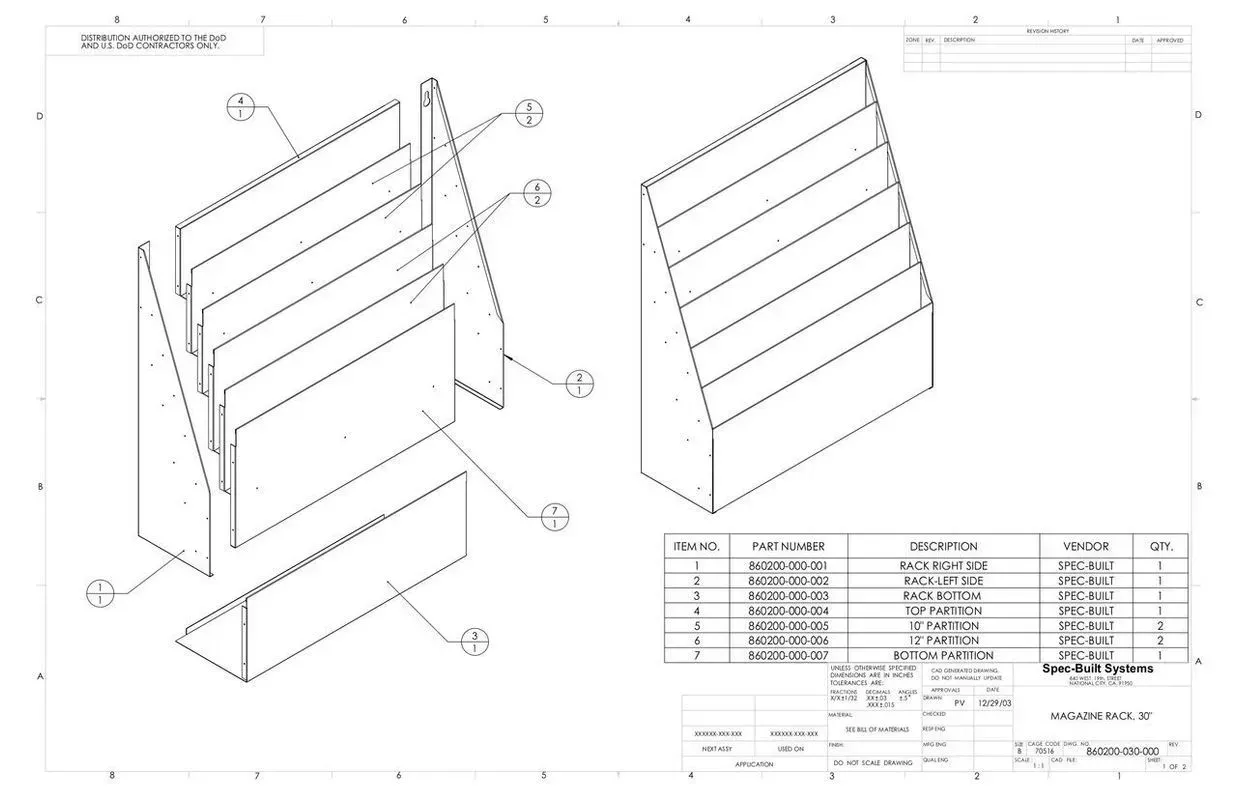 Exploded technical drawing of a slatted cabinet or rack with dimension lines and a parts list table.