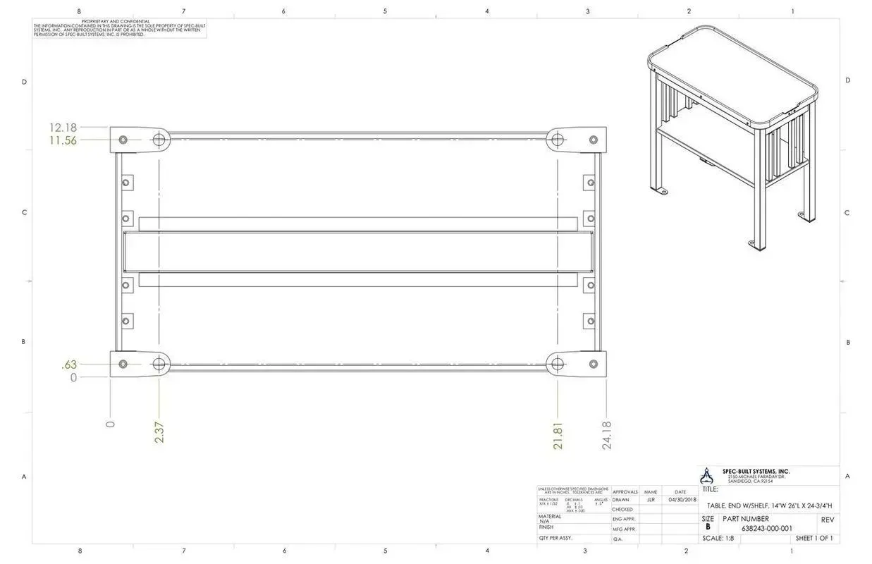 Technical drawing of a workbench with dimensions and an isometric view in the corner