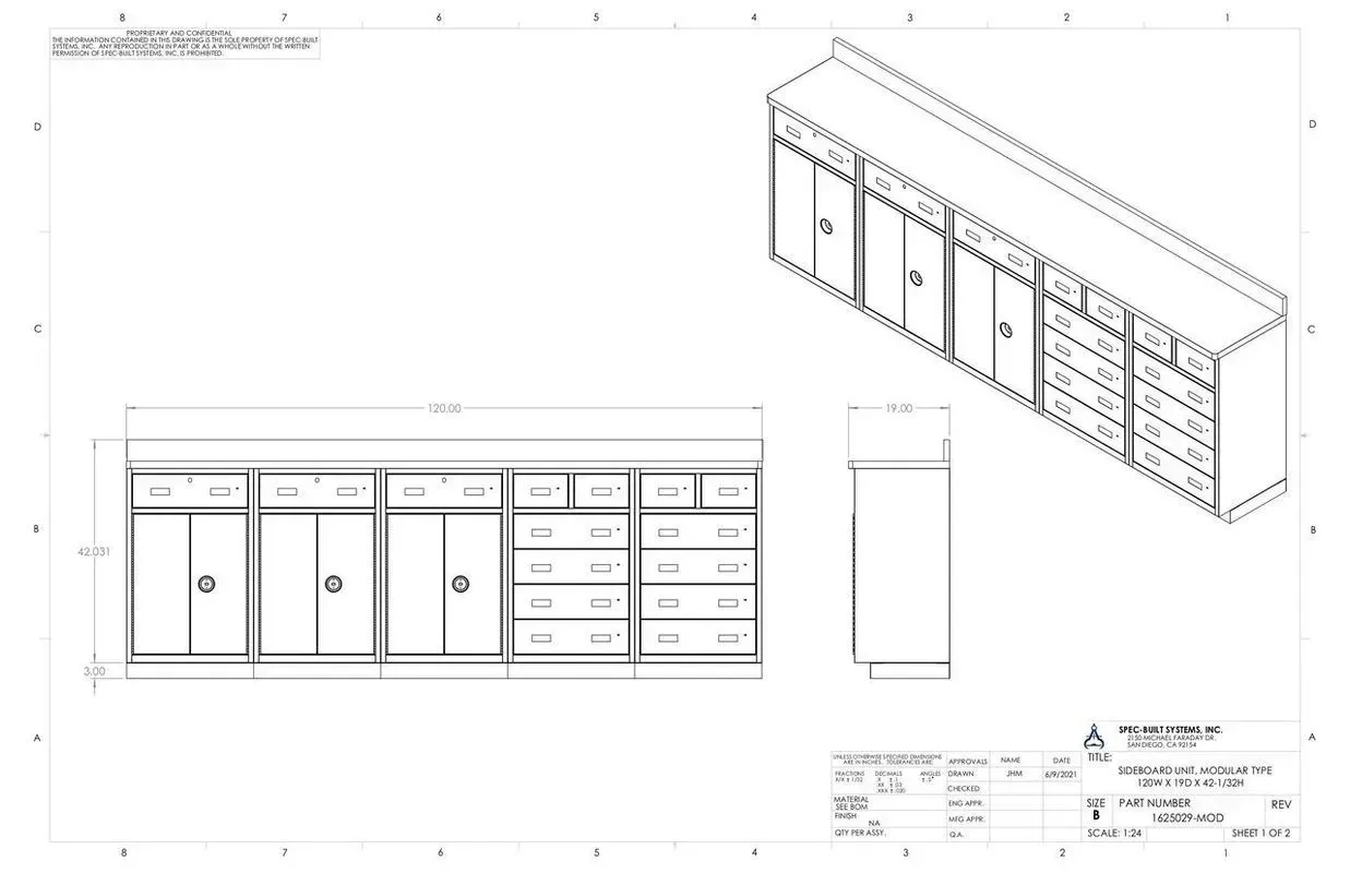 Architectural blueprint of a long cabinet wall with doors, drawers, and an isometric view.