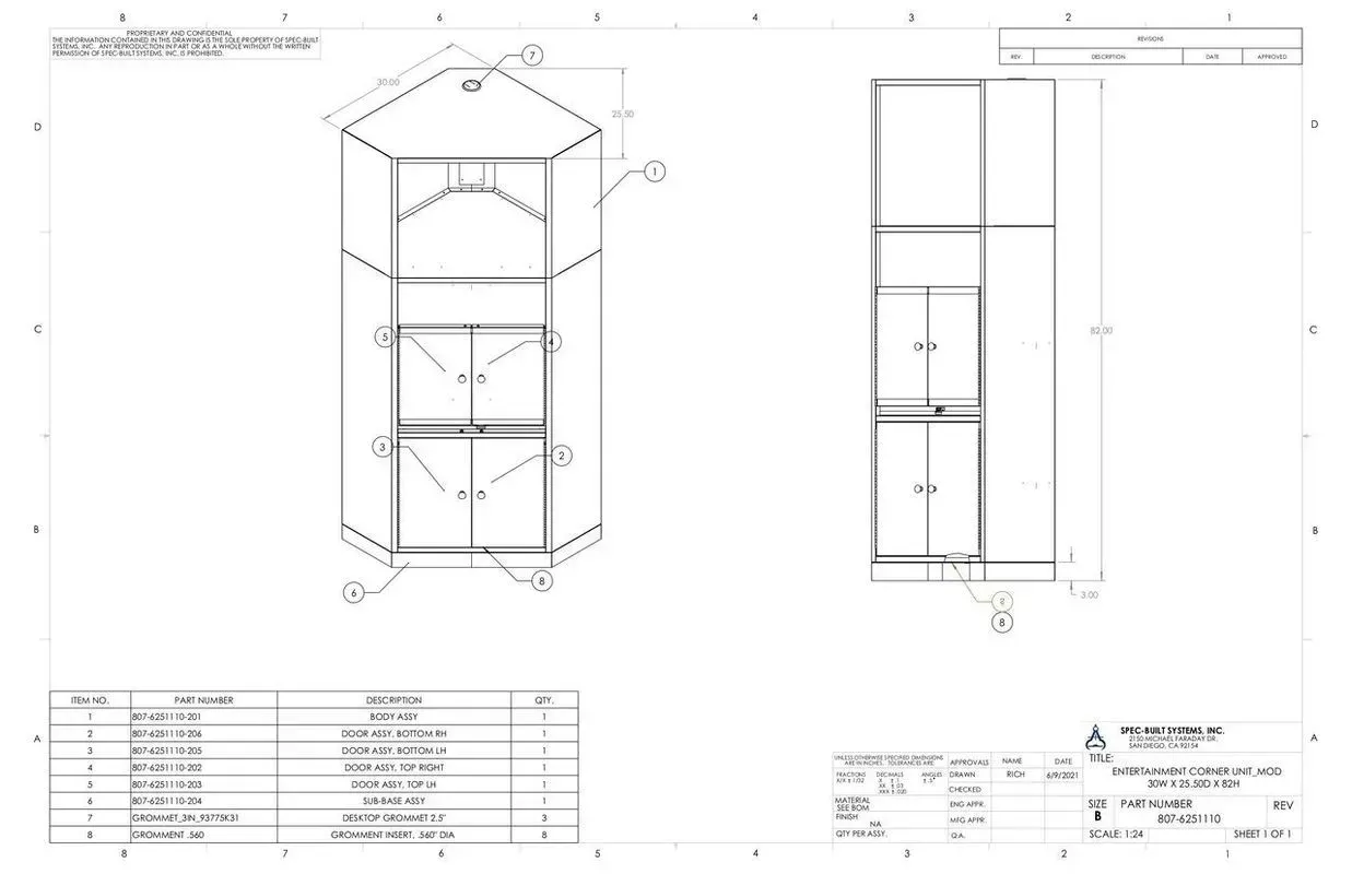 Technical drawing of a tall cabinet with front and side views, dimensions, and a parts list.