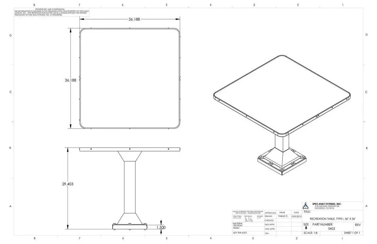 Technical drawing of a square table with top, pedestal base, front view, and isometric view.