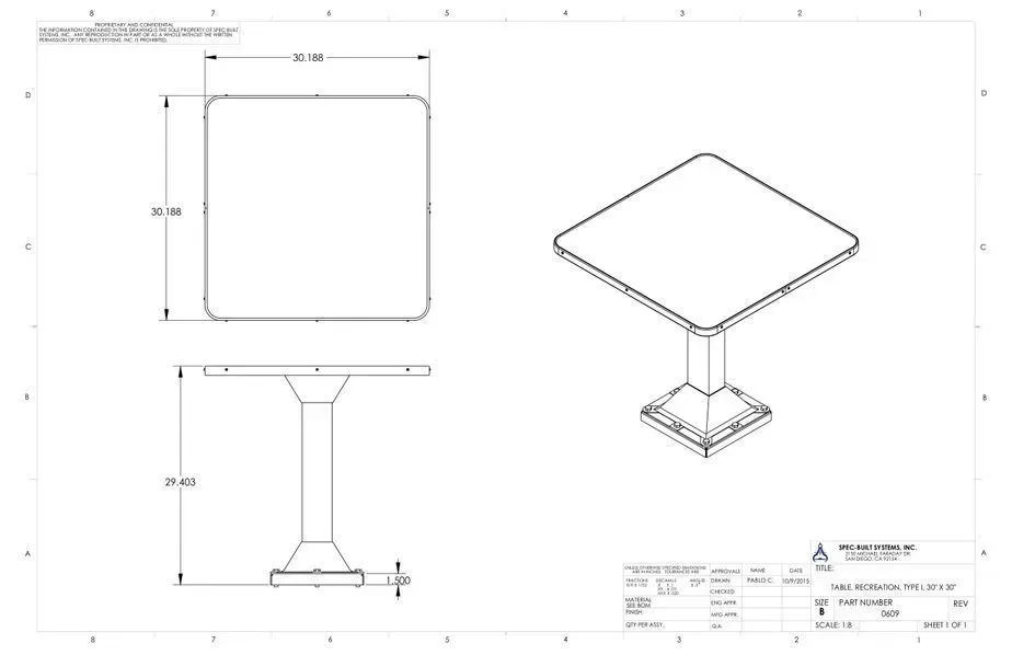 Technical drawing of a square pedestal table with top, front, side, and isometric views.