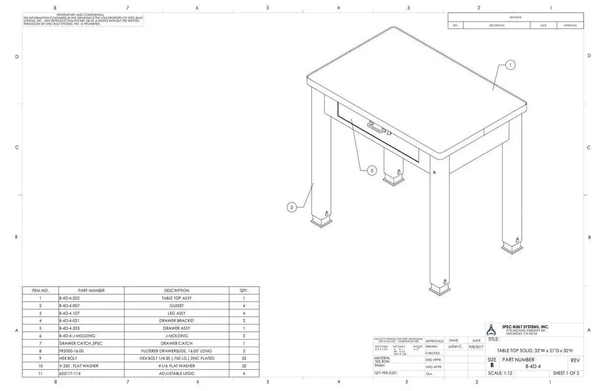 Technical drawing of a rectangular table with four legs and a parts list