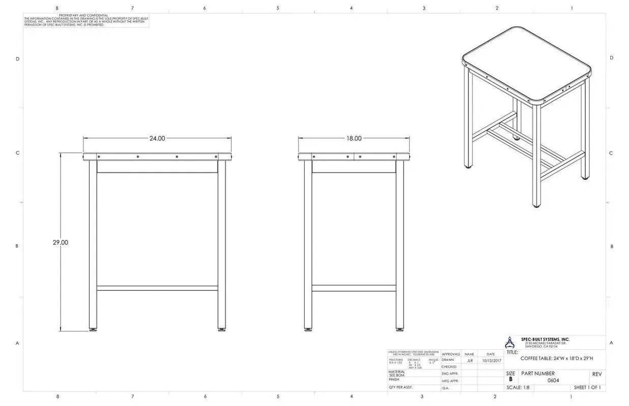 Technical drawing of a small table or stool with front, side, and isometric views.