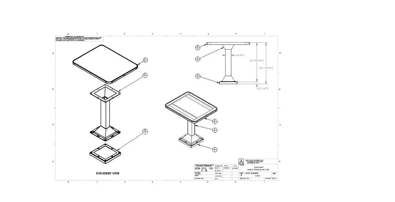 Technical drawing of a metal table with exploded parts and a side view diagram
